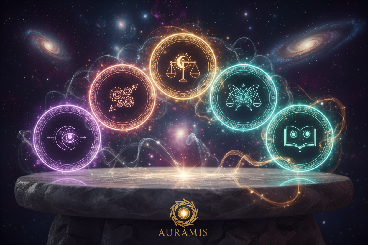 Mystical tarot spread of 5 glowing cards on a stone altar, ambient purple and gold energy swirling around, cosmic background, soft magical light, subtle symbols of intuition and destiny, cinematic ultra-sharp detail, luxury spiritual style, AURAMIS brand aesthetics, 8K, no people
