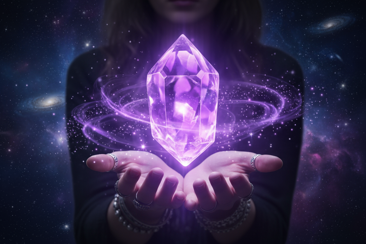 A glowing amethyst crystal floating above hands, purple ethereal light, sacred particles in the air, high-end cinematic lighting, dark cosmic background, mystical spirituality, ultra detailed, premium fantasy product render, smooth reflections, volumetric glow, 8K