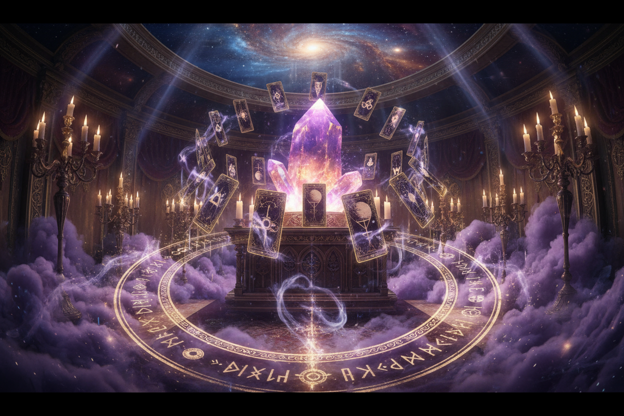 Cinematic ritual scene: tarot cards levitating above a powerful shining crystal, video frame holographic icons, ritual candles glowing softly, purple smoke and sparkling energy forming runic patterns, dramatic cosmic lighting, luxury ceremonial aesthetics, ultra-real 8K, no people
