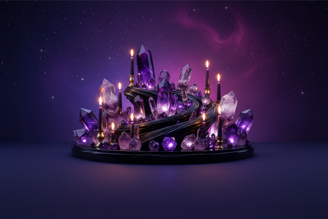 Realistic mystic crystal altar in dark purple cosmic ambience, candles glowing softly, smooth gradient background, wide aspect ratio banner, premium magical brand feel (for website footer)