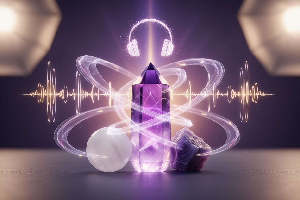Realistic product photo: 3 purple and white healing crystals with glowing energy waves around them, high-end studio setup, purple and gold aura, delicate holographic sound wave rings, subtle headphones icon made of light, luxury spiritual brand style, soft shadows, no text
Aspect Ratio: 4:5 (Vertical)
✅ Model: Realistic Vision