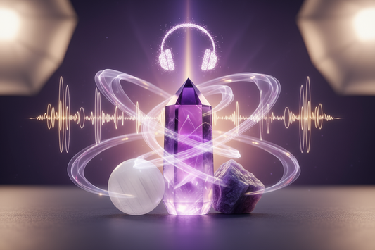 Realistic product photo: 3 purple and white healing crystals with glowing energy waves around them, high-end studio setup, purple and gold aura, delicate holographic sound wave rings, subtle headphones icon made of light, luxury spiritual brand style, soft shadows, no text
Aspect Ratio: 4:5 (Vertical)
✅ Model: Realistic Vision