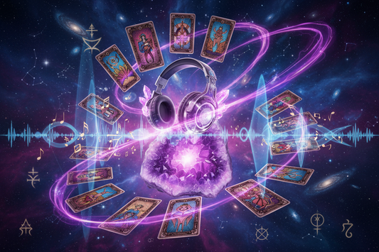 Tarot cards floating around a glowing amethyst crystal, sound waves and music symbols moving in the air, magical headphones levitating, violet and pink energy streams, dreamlike cosmic environment, spiritual futuristic style, premium mystical aesthetic, hyper-detail, 8K, no people
